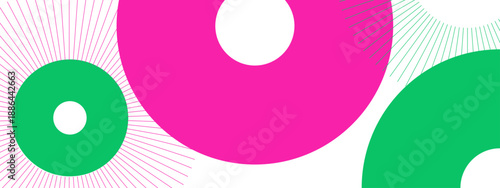 Creative composition of magenta pink and bright green circular shapes with thin line accents on a white background