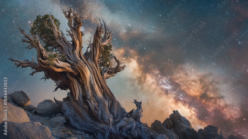 Fototapeta premium An ancient, weathered bristlecone pine tree on a rocky mountain ridge, its gnarled, twisted wood a testament to thousands of years of survival, set against a backdrop of stars.