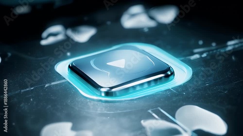 A glowing, futuristic play button on a dark, textured surface with floating shapes