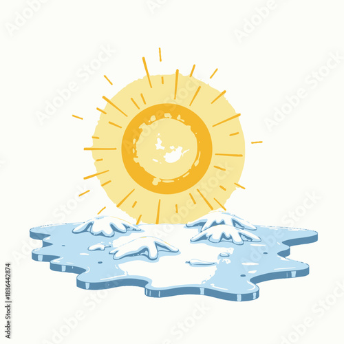 Illustration of a radiant sun emitting heat rays causing the icy landscape below to melt, symbolizing climate change and warming impact on polar regions