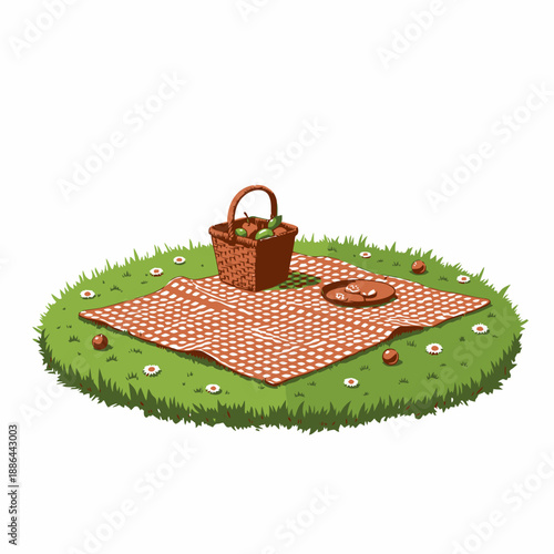 Charming Picnic Setup with Red Checkered Cloth, Apples, Basket, and Cookies on Green Grass