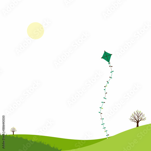 Colorful Kite Gliding Gracefully in Clear Sky Above Rolling Green Hills with Scattered Bare Trees and Soft Sunlight Illuminating Serene Landscape