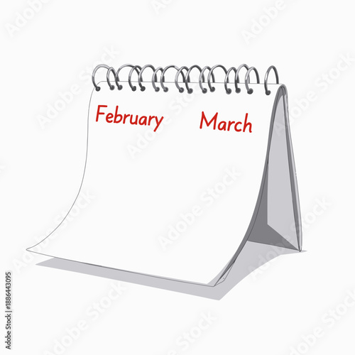 Illustration of a spiral-bound desk calendar flipping from February to March, highlighting the transition between two consecutive months in a simple, minimalist style