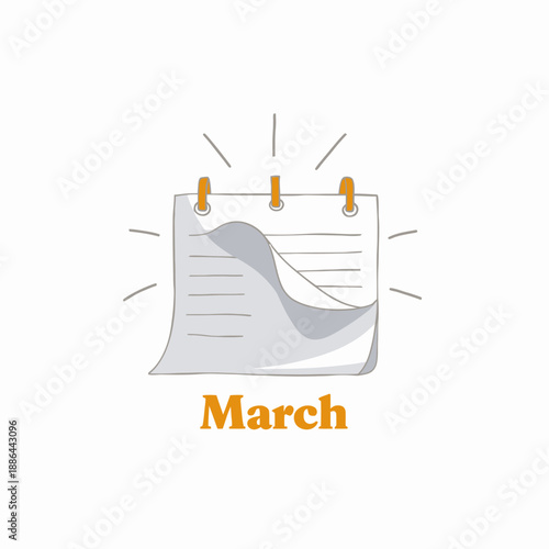 Illustration of a March Calendar Page with Curling Paper and Decorative Pins Indicating Time, Schedule, or Planning for the Upcoming Month