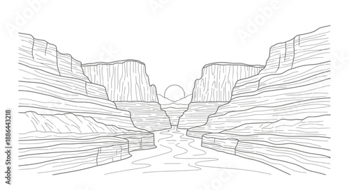 Line art drawing of a grand canyon with a river flowing through it.