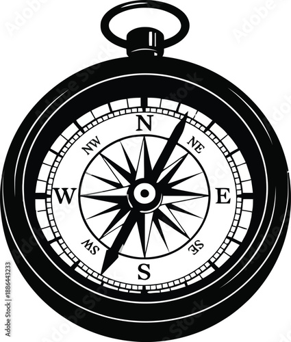 Black and white illustration of a classic pocket compass
