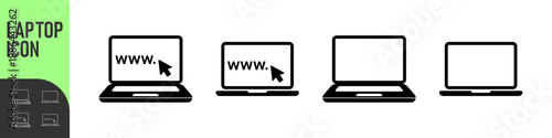 Laptop computer icon. Display with pointer mouse arrow cursor clicking on computer screen. Notebook mock up front view. Online services, web design, e-commerce and marketing, laptop cursor