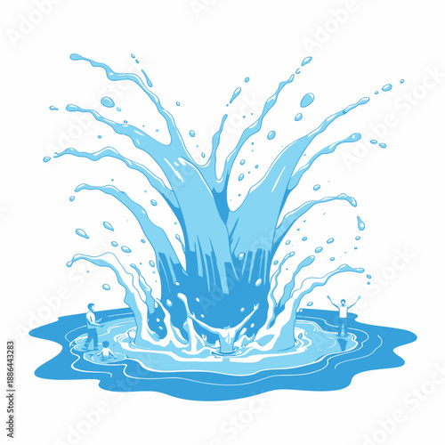 Dramatic Water Splash Art with People Enjoying the Monumental Fountain in a Whimsical Blue Oasis Capturing a Sense of Freedom and Joy in Motion