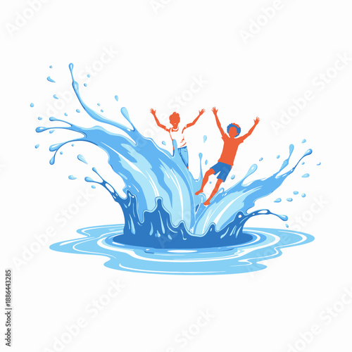 Joyful Splashing Adventure: Two Friends Jumping into Blue Water with Exuberant Waves and Cheerful Expressions on a Bright Summer Day