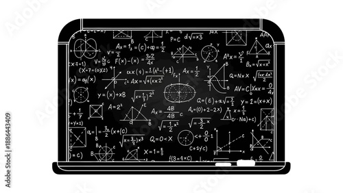 Blackboard filled with complex mathematical formulas and diagrams.