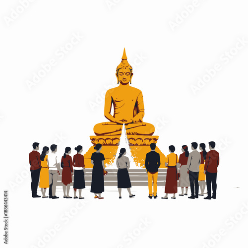 A Group of Individuals in Reverent Contemplation before a Golden Buddha Statue with Serene Expressions in a Peaceful and Spiritual Gathering