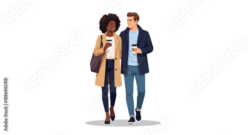 Couple walking together outdoors, man and woman holding phones, modern urban scene, vector illustration