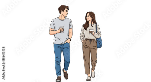 Young couple walking together while using their mobile phones in a casual, relaxed environment