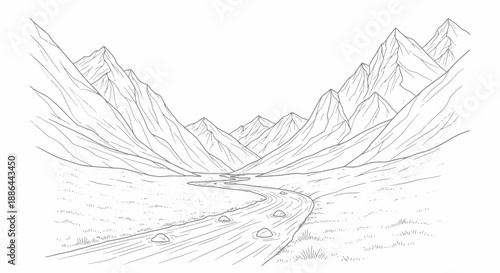 Mountain valley with winding river sketch illustration.