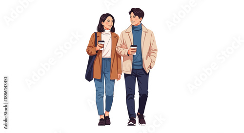 Couple walking together, man and woman, outdoors, casual clothing, daytime scene from a slight angle