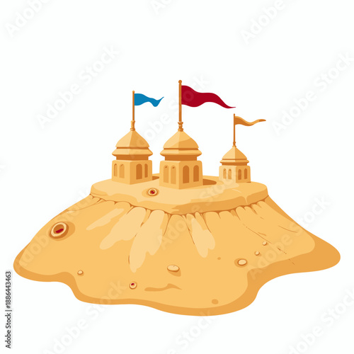 Artistic representation of a detailed sandcastle on a smooth mound with colorful flags adorning the towers against a clear background, capturing a playful summer essence
