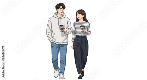 Illustration of a young couple walking together, holding coffee cups, casual wear, urban setting, daytime scene