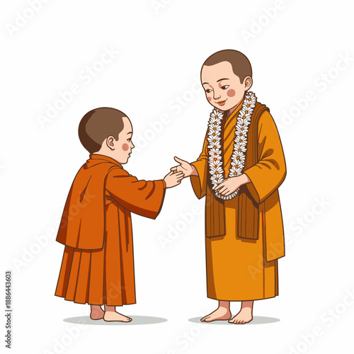 A Heartwarming Exchange Between Two Young Monks Demonstrating Friendship and Tradition Through a Gentle Gesture