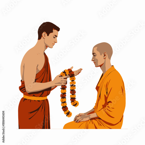 Illustration of a Monk Offering a Garland to Another Monk in Traditional Robes Signifying Ceremony and Respectful Gesture in a Peaceful Spiritual Setting
