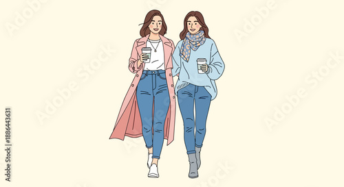 Two women walking together, one holding a phone and the other a coat, in casual attire, from a front viewpoint, illustrating a friendly stroll