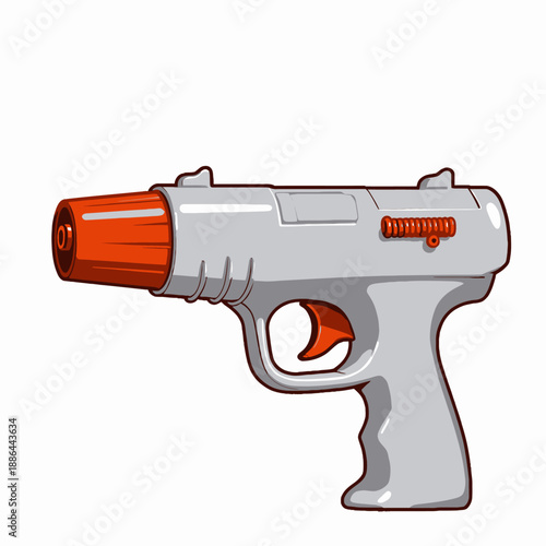 Illustration of a Futuristic Gray and Red Toy Gun with a Sleek Design and Textured Grip Suitable for Imaginative Play or Science Fiction Themes