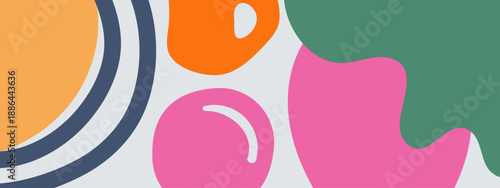 Colorful amoeba like shapes in orange pink and green on gray