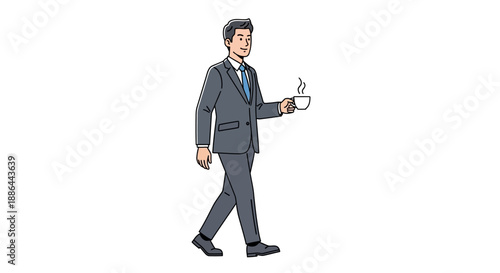 Businessman Walking with Coffee Cup in Hand, Illustration Style, Modern Office Environment