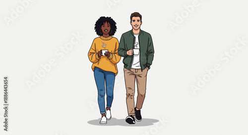 Couple walking together in casual attire on a stroll, viewed from the front