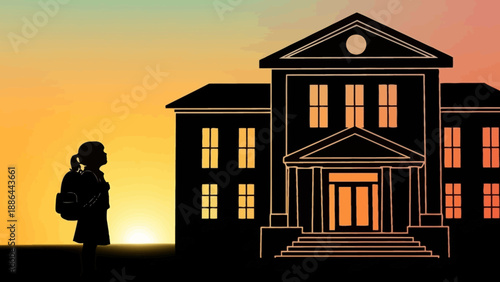 Student silhouette standing in front of school building at sunrise.