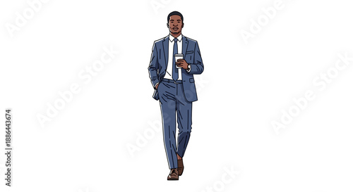 A young businessman walking confidently forward, viewed from a slight angle, holding a smartphone