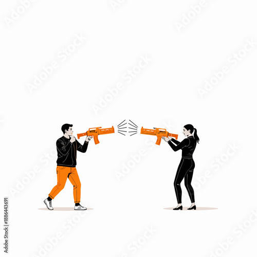 Illustration of Two Individuals Facing Each Other with Toy Water Guns in a Duel-like Standoff Against a Light Background