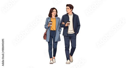 Couple walking together while using mobile devices in a casual urban setting viewed from the side