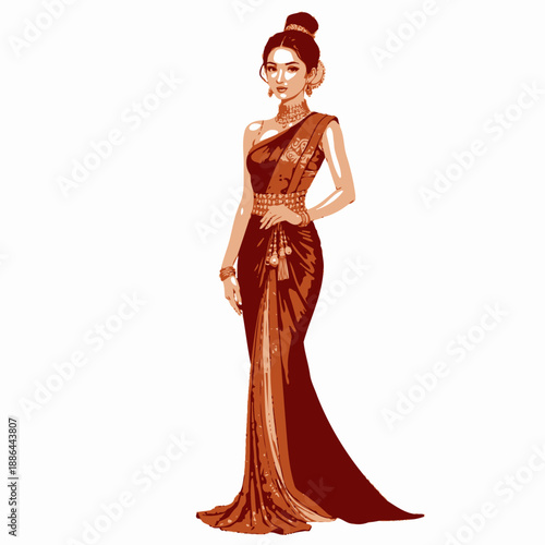 Elegant Woman Posing in a Traditional Red Saree with Intricate Gold Patterns and Ornate Jewelry Highlighting Cultural Heritage