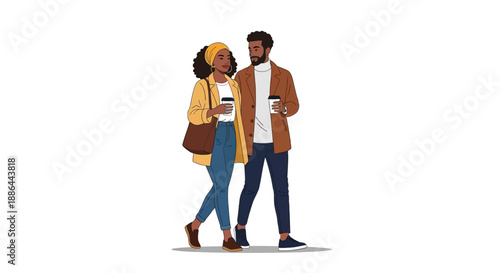 Couple walking together, man checking phone, woman looking at man, illustration of people in casual clothing, outdoor scene, front view