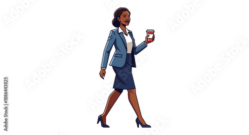 A professional woman walks while using her smartphone in a modern urban environment from a side viewpoint, showcasing her confident stride and focus on the device.