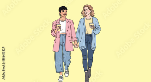Two young women walking together holding coffee cups, illustration of friendship and casual lifestyle