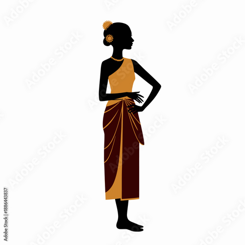 Elegant Silhouette of a Woman in Traditional Draped Dress with Ornamental Hairpiece and Necklace