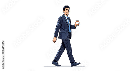 A businessman strides confidently forward, mobile in hand, in a professional illustration style.