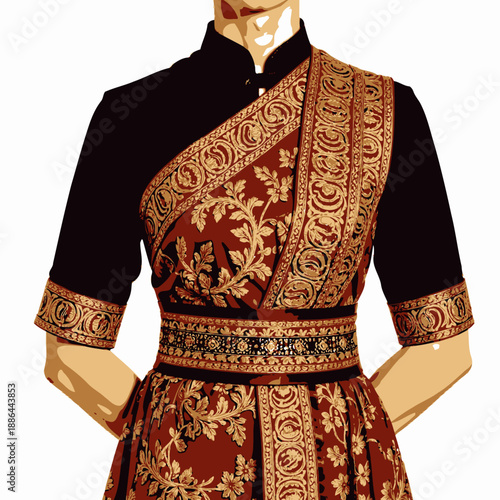 Intricately designed traditional attire featuring rich red and gold embroidered patterns wrapped in ornate fabric with cultural elegance and a modern aesthetic.