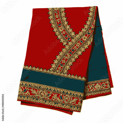 Intricate Red and Green Fabric Featuring Ornate Gold Embroidery Accent and Traditional Patterns Showcasing Elegant Cultural Textile Artistry