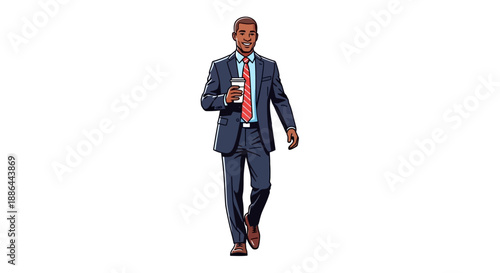 Businessman walking forward with a cup of coffee in his hand, illustration of a man in a suit