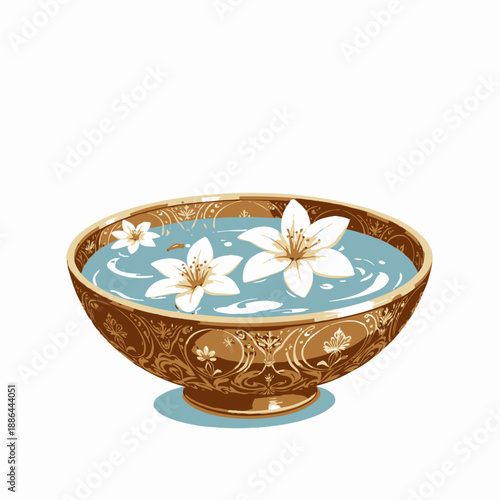 Ornate Bowl with Water and Floating White Flowers Illustrating Tranquility and Elegance in a Decorative Artistic Setting