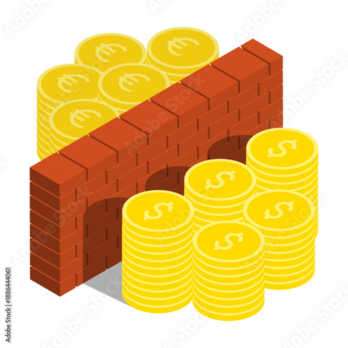 Isometric dollar and euro coins separated by wall of influence and use of protective tariff barriers. Isolated cartoon vector on white background top view