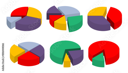 Isometric set of multi colored pie charts with separated parts of the diagram. Isolated cartoon vector set on white background top view