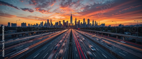 Cityscape Highway Sunset Symphony of Skyscrapers  Streaking Cars