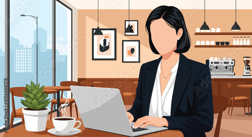 Vector illustration of a young female entrepreneur working on a laptop in a chic café, blending business lifestyle, confidence, and urban success in flat vector style