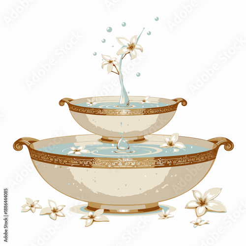 Elegant Ceramic Bowls with Gold Detailing Filled with Clear Water and Floating White Flowers Creating a Serene and Calming Atmosphere