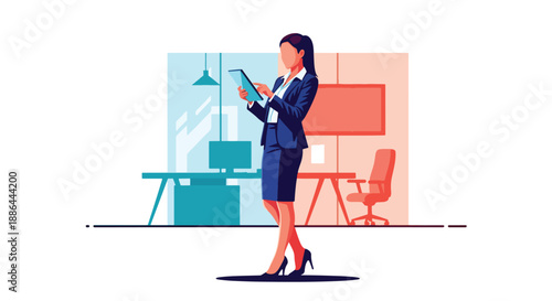Vector illustration of a confident businesswoman presenting ideas on a tablet, symbolizing modern leadership, innovation, and stylish professional life in flat vector style