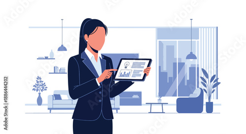 Vector illustration of a confident businesswoman presenting ideas on a tablet, symbolizing modern leadership, innovation, and stylish professional life in flat vector style