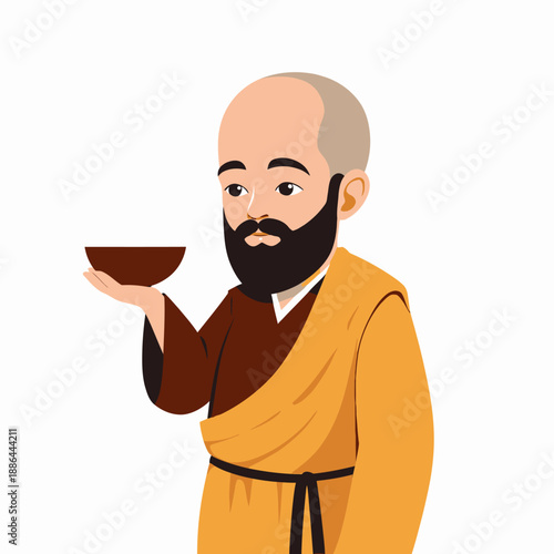 Illustration of a Serene Monk Holding a Steaming Bowl Symbolizing Tranquility and Mindfulness in a Simple Minimalist Cartoon Style